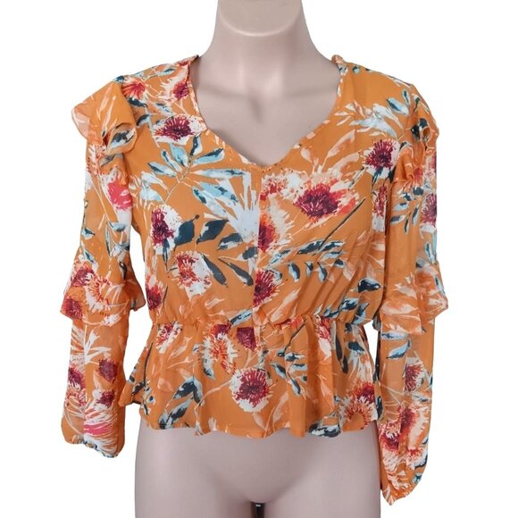 Elegant XL Floral V-Neck Top with Ruffle Trim and Elastic Waist - Picture 1 of 8